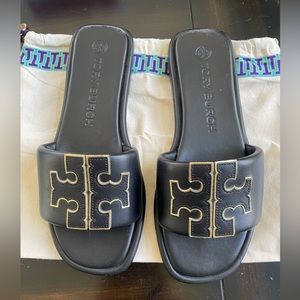 Tory Burch Black Sandals with Gold Accents